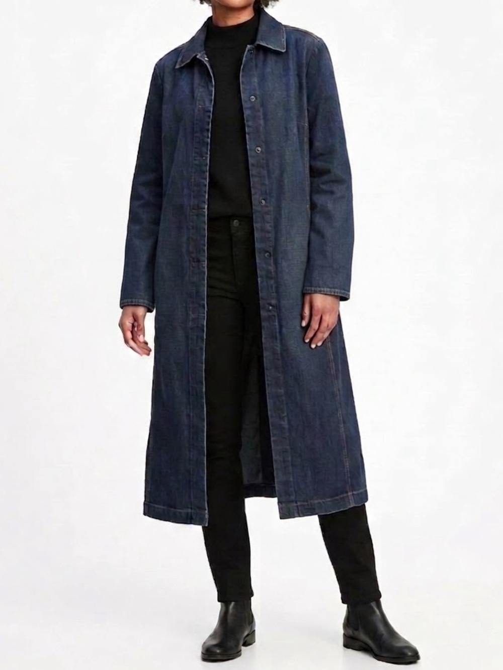 Vintage GAP 2001 Denim Duster Coat Jacket Dark Wash Snap Front Trench M